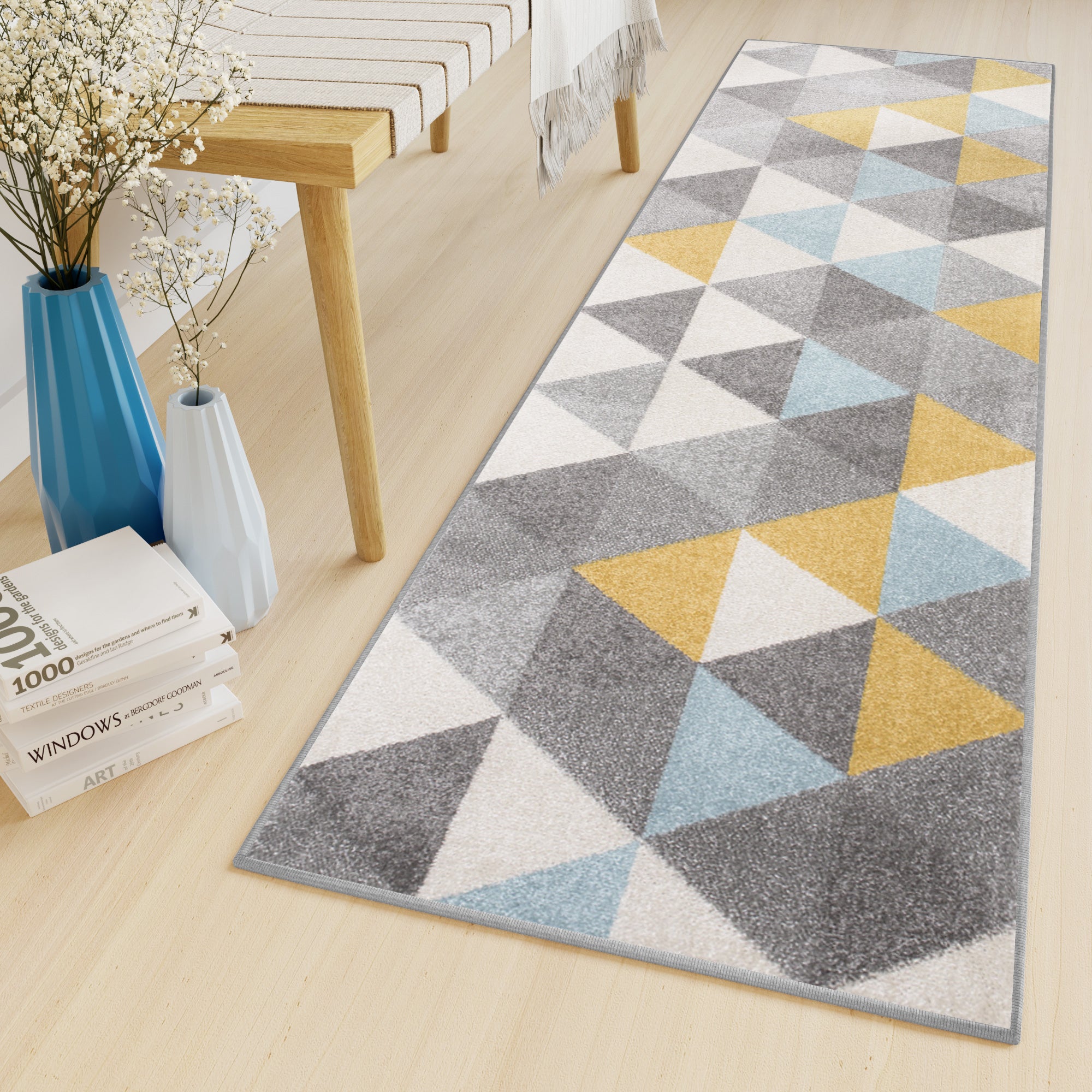 Tapiso lazur alfombra de pasillo moderno turquesa amarillo gris crema geométrico 80 x 110 cm