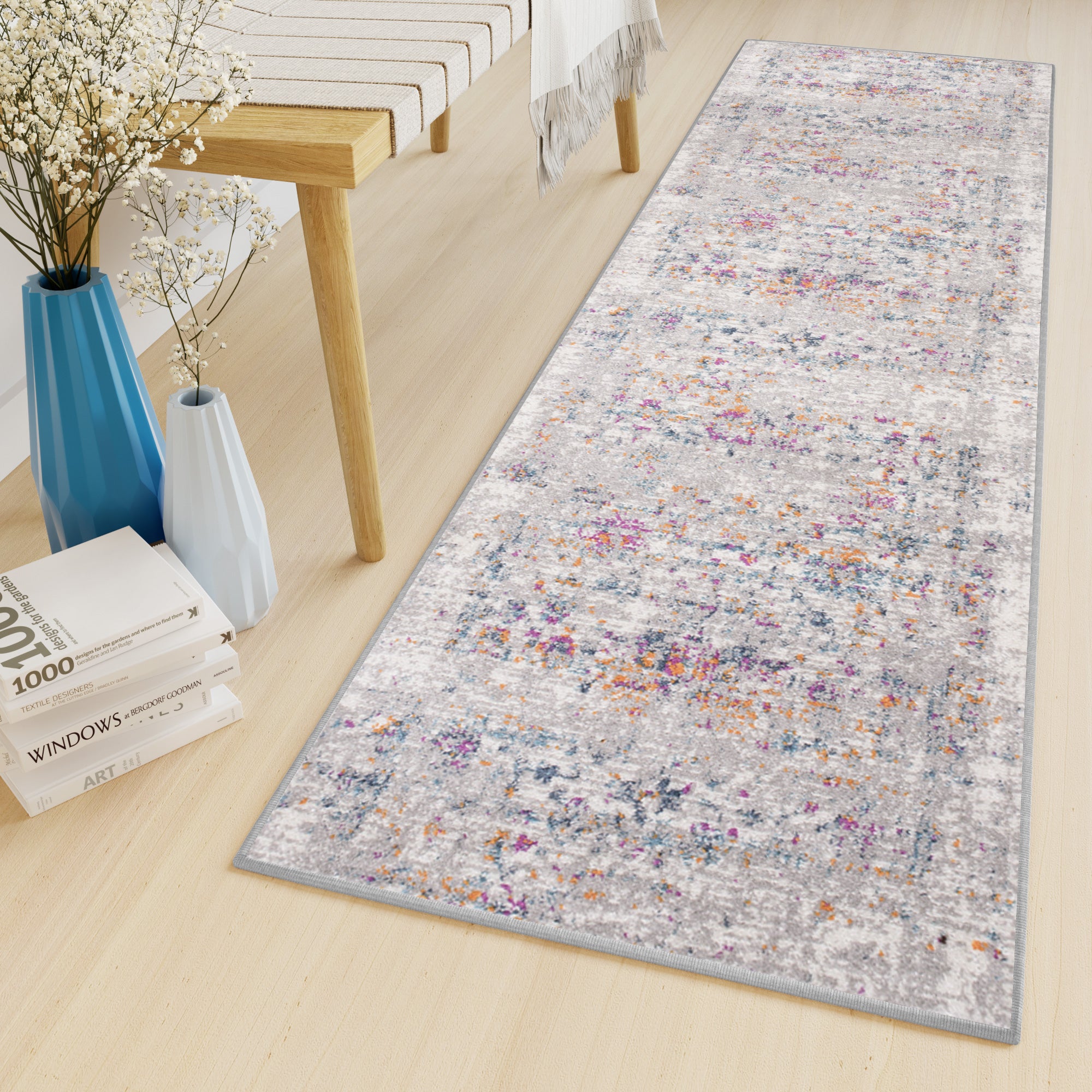 Tapiso Lazur Tapis De Couloir Passage Gris Bleu Jaune Rose Vintage