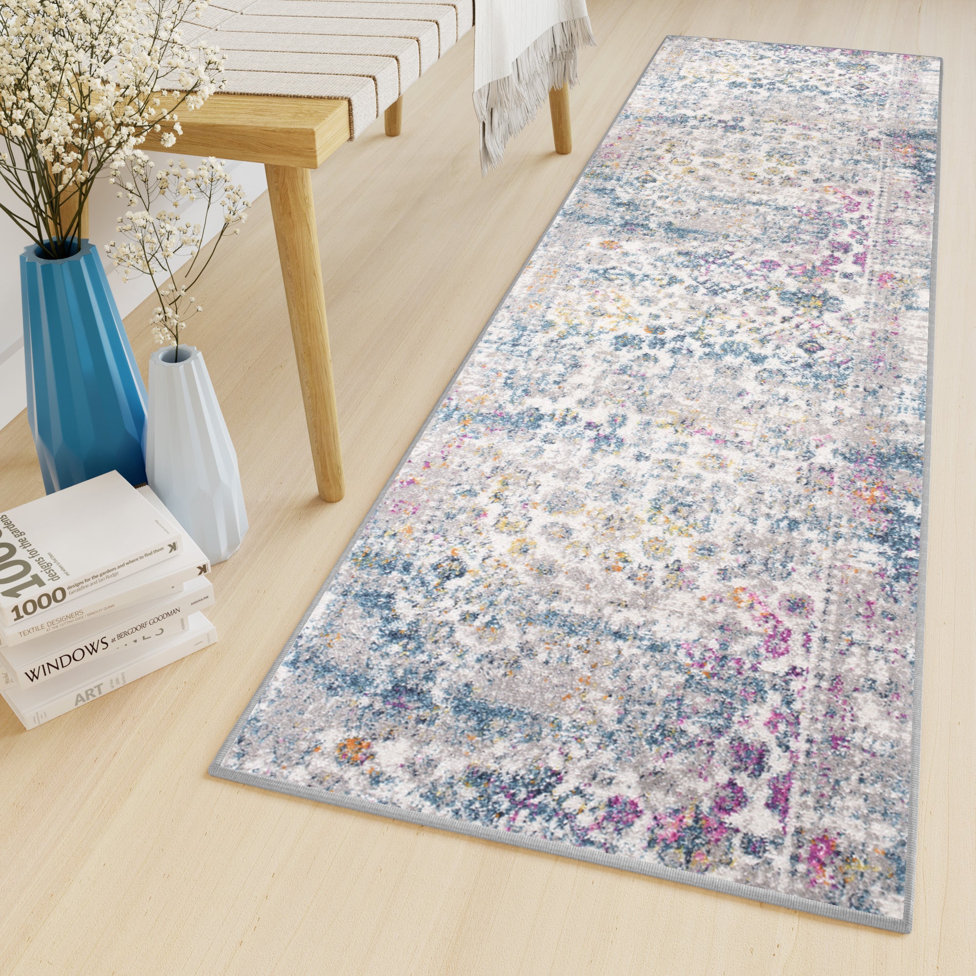 Tapiso lazur alfombra de pasillo moderno azul rosa amarillo gris crema vintage 100 x 1450 cm