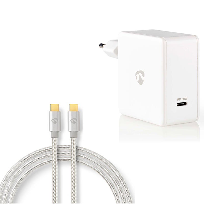 Chargeur secteur USB type C 3A 60 Watts avec câble de 2m Blanc