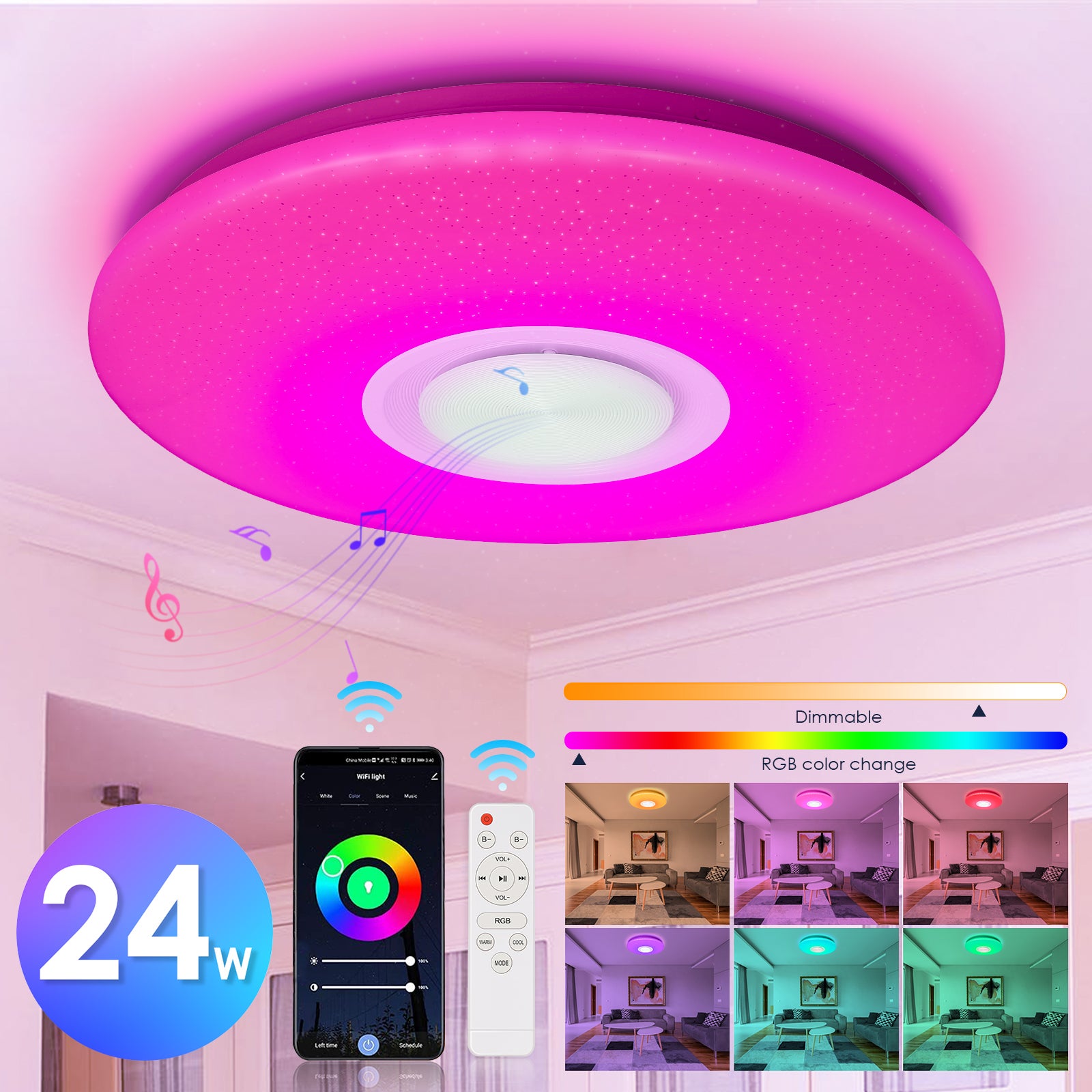 24W Bluetooth Plafoniera LED Musica Lampada a Soffitto con Telecomando e Altoparlante Bluetooth Adatto per Camera da Letto Soggiorno Camera dei Bambini 