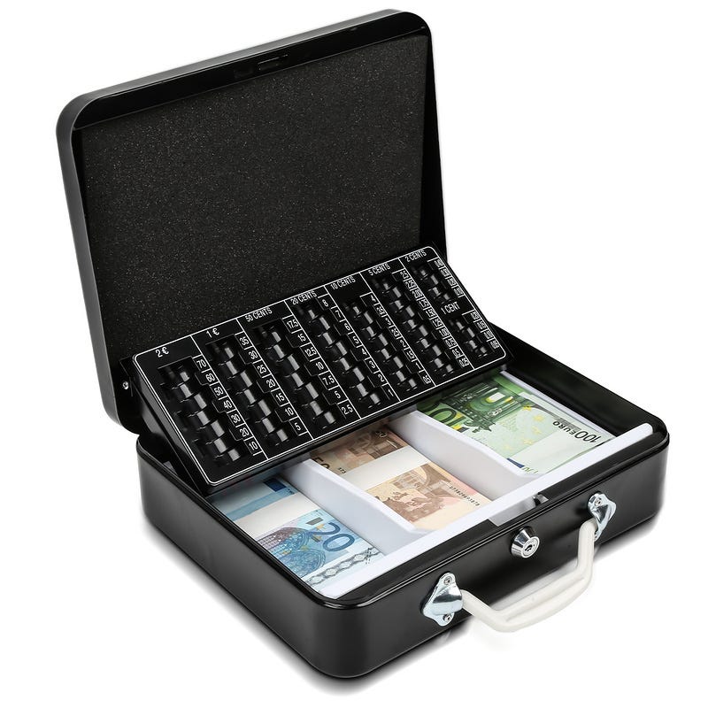 Tiroir Caisse d'Enregistreuse avec 3 Compartiments Billets et 8  Compartiments Monnaie Noir en Métal 30 x 24 x 9cm (B/T/H)
