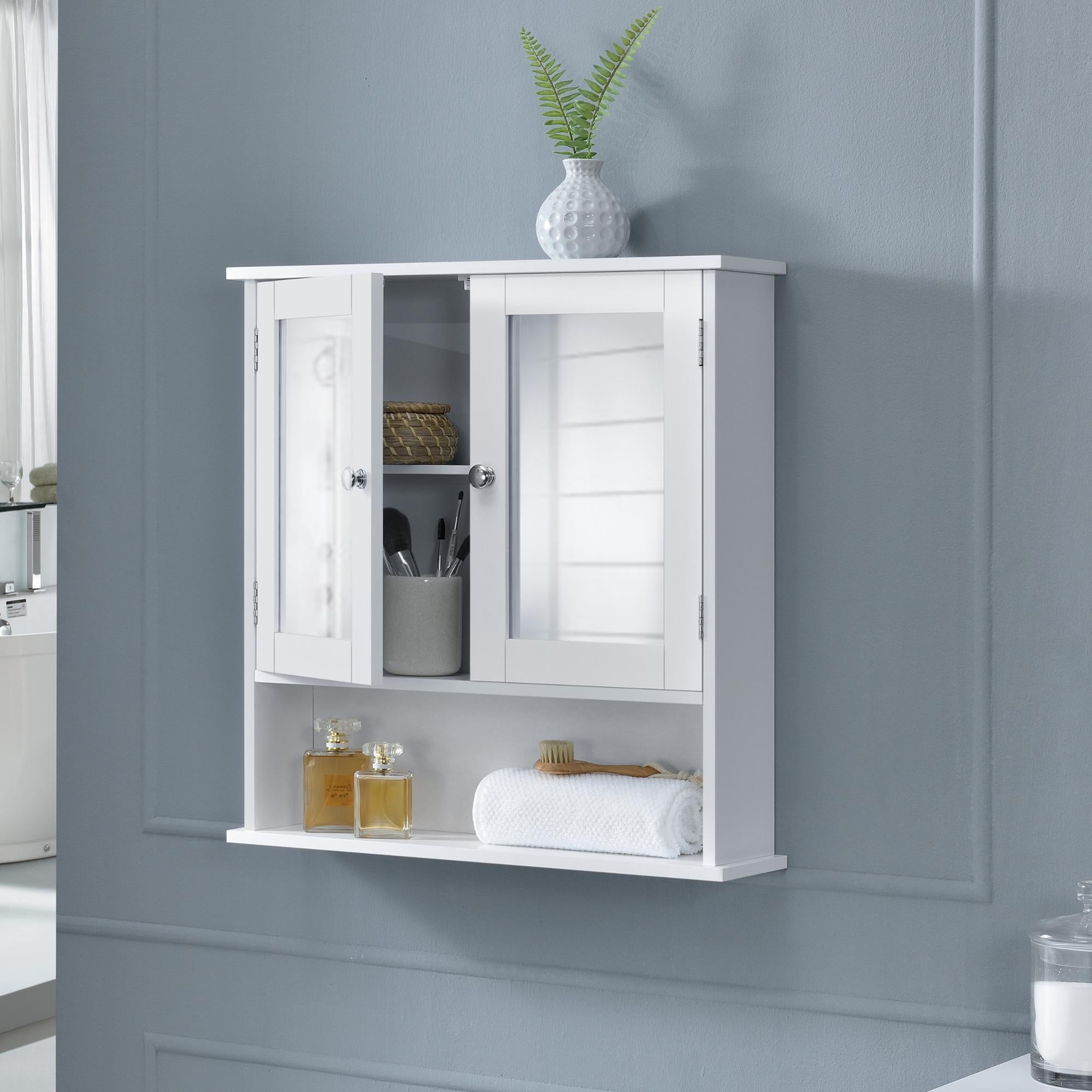 COSTWAY Armadietto Da Parete Per Bagno, Mobiletto Da Bagno A Muro Con 2 Ante Ripiano Aperto E Portasciugamani Per Bagno Soggiorno Cucina 43 X 20 X 53 Cm 65762436