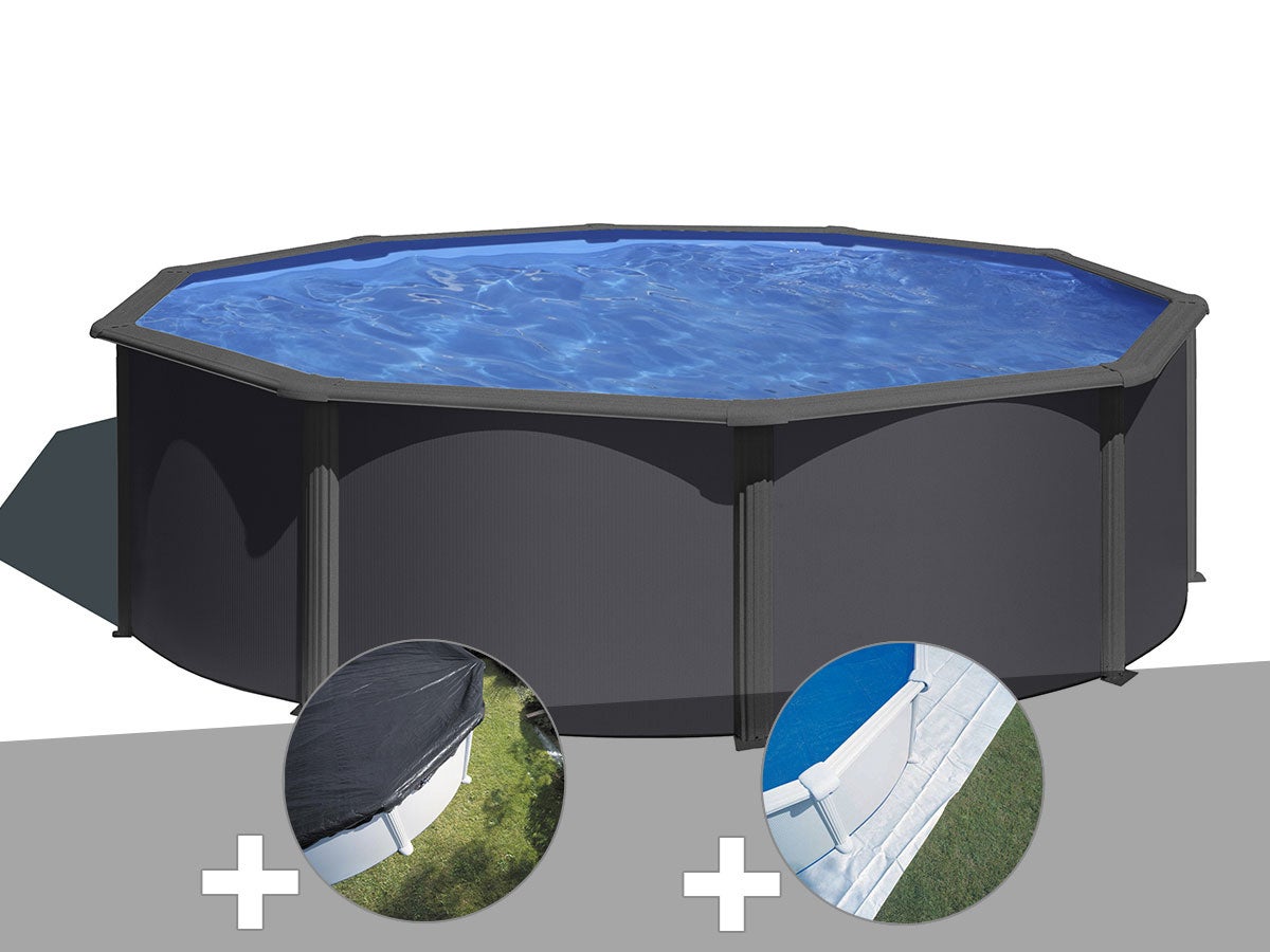 SOLDES 2024 : - 12% Kit piscine hors sol acier gris anthracite ronde Ø3.20  m x h.1.22 m pas cher