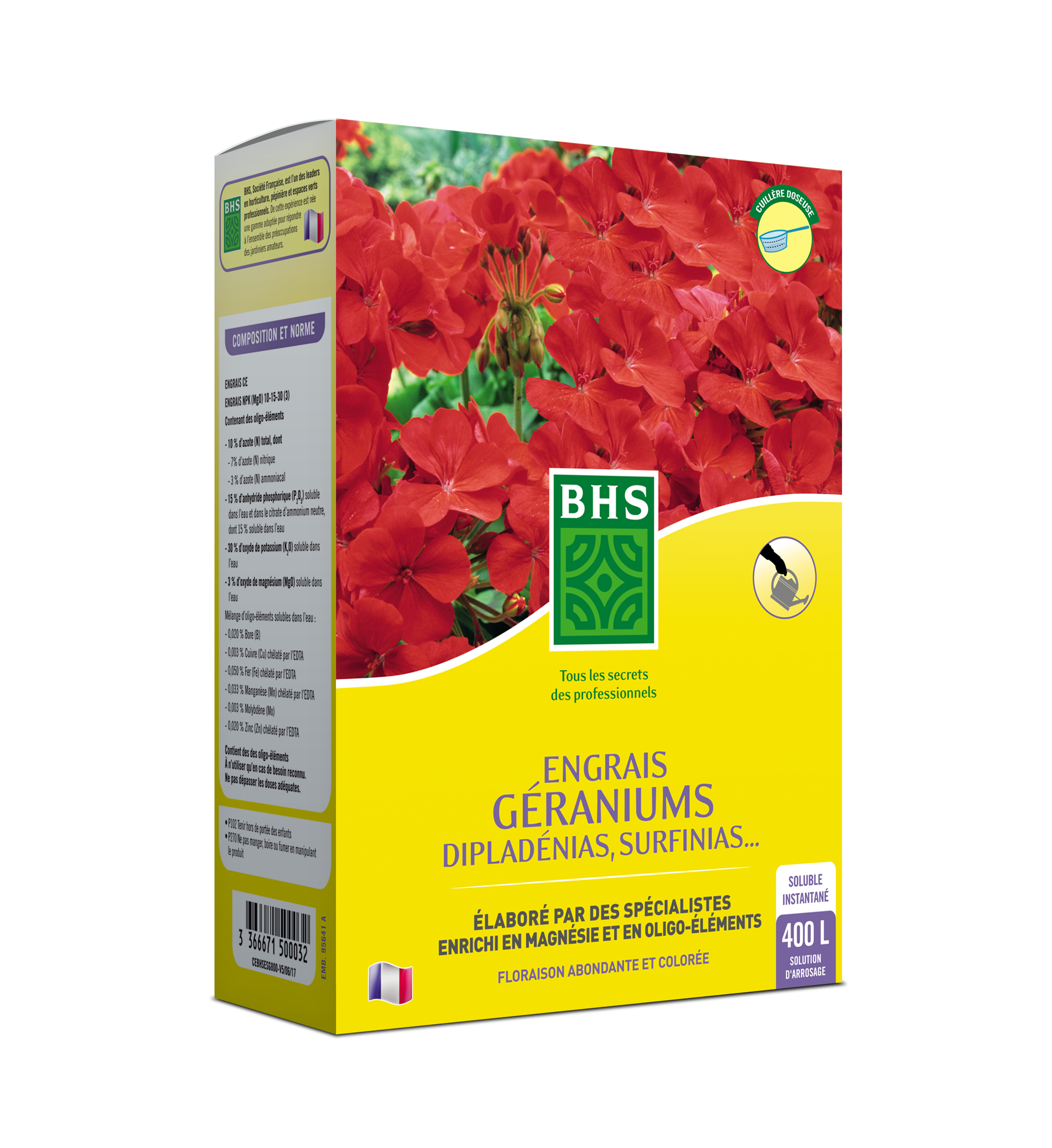 BHS ESG800 Engrais Geraniums 800 g Soit 400 L Forte Concentration en Potasse Fabriqué