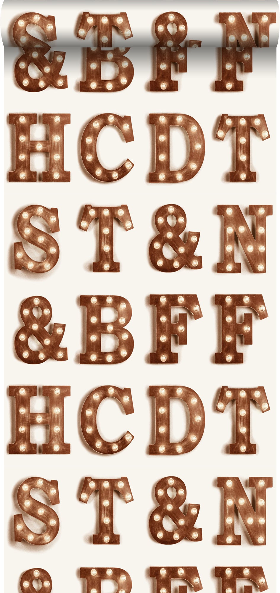Carta da parati lettere luminose in legno – marquee marrone seppia e beige  chiaro - 0,53 x 10,05 m - ESTAhome