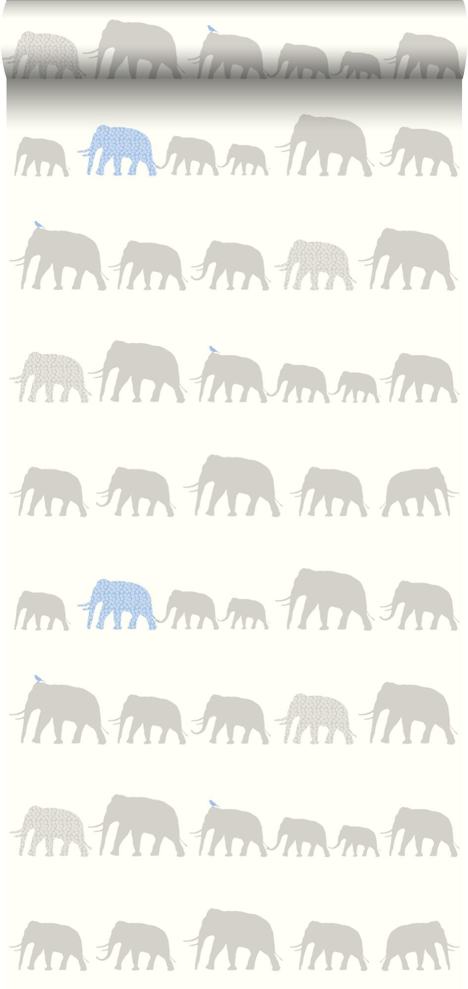 Papier Peint Intisse Elephants Argent Et Bleu Clair 53 Cm X 10 05 M Estahome Leroy Merlin