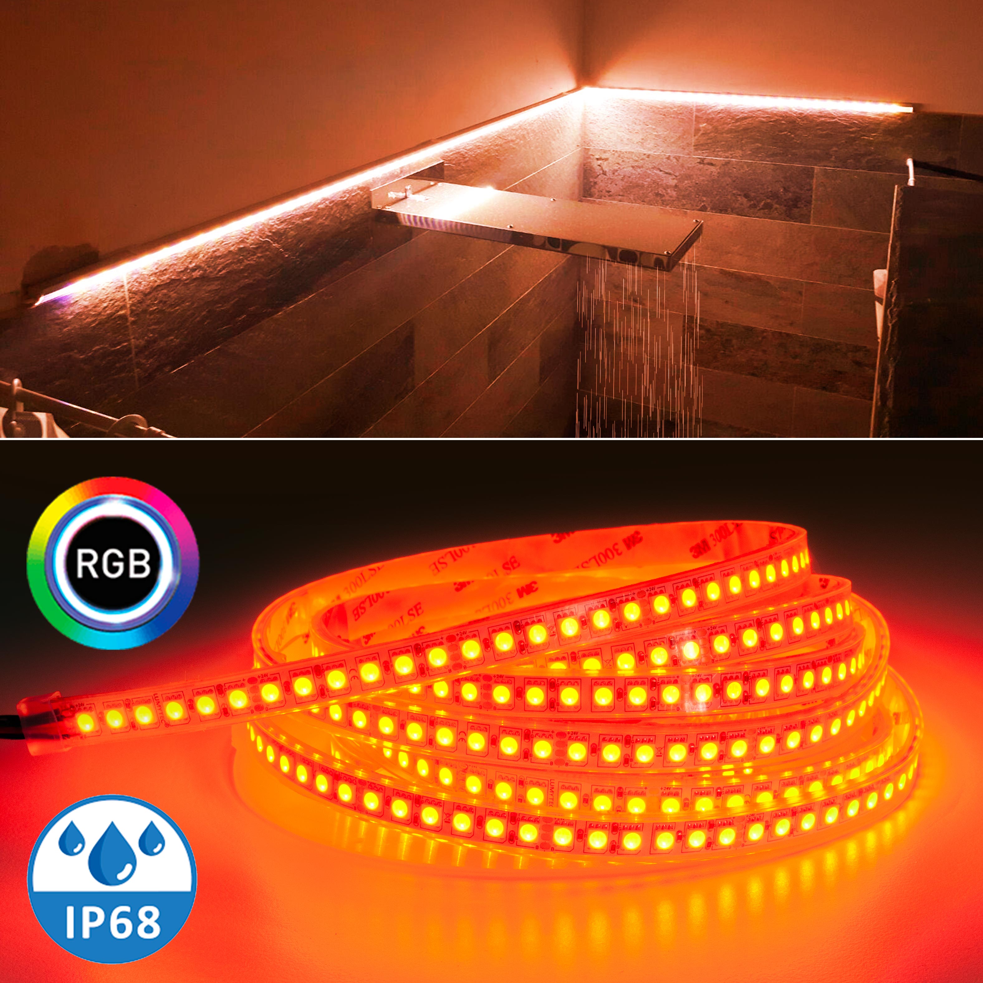 Striscia 600 LED RGB dimmerabile 24V IP68 tenuta stagna multicolore bagno  turco sauna cromoterapia box doccia