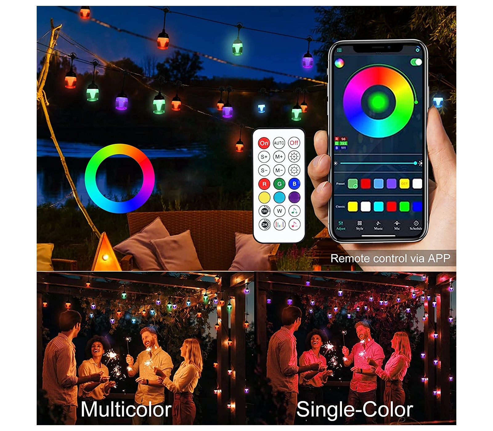 Catena luci esterno multicolor bluetooth 10.5m lampadine smart decorative  musica