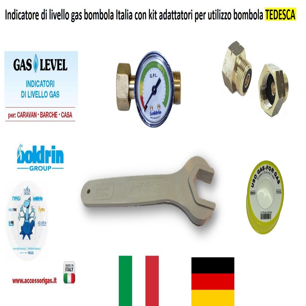 Indicatore di livello gas per Bombola TEDESCA completo di raccordi, chiave  e teflon per il fissaggio