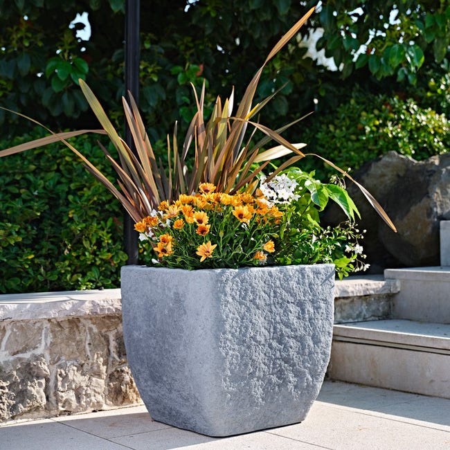 Vaso quadrato effetto pietra Lithos in plastica da esterno per piante e  fiori / Ardesia