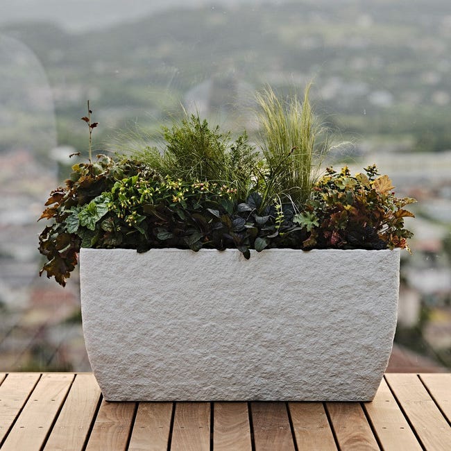 Vaso rettangolare effetto pietra Petram in plastica da esterno per piante  e fiori / Bianco Pietra