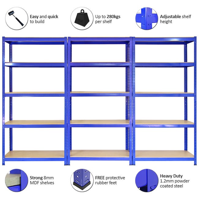 3 Estanterías Azules T-Rax de Acero sin Tornillos 90x180x45cm para Taller  Almacén Garaje Cobertizo Garage Estanterias