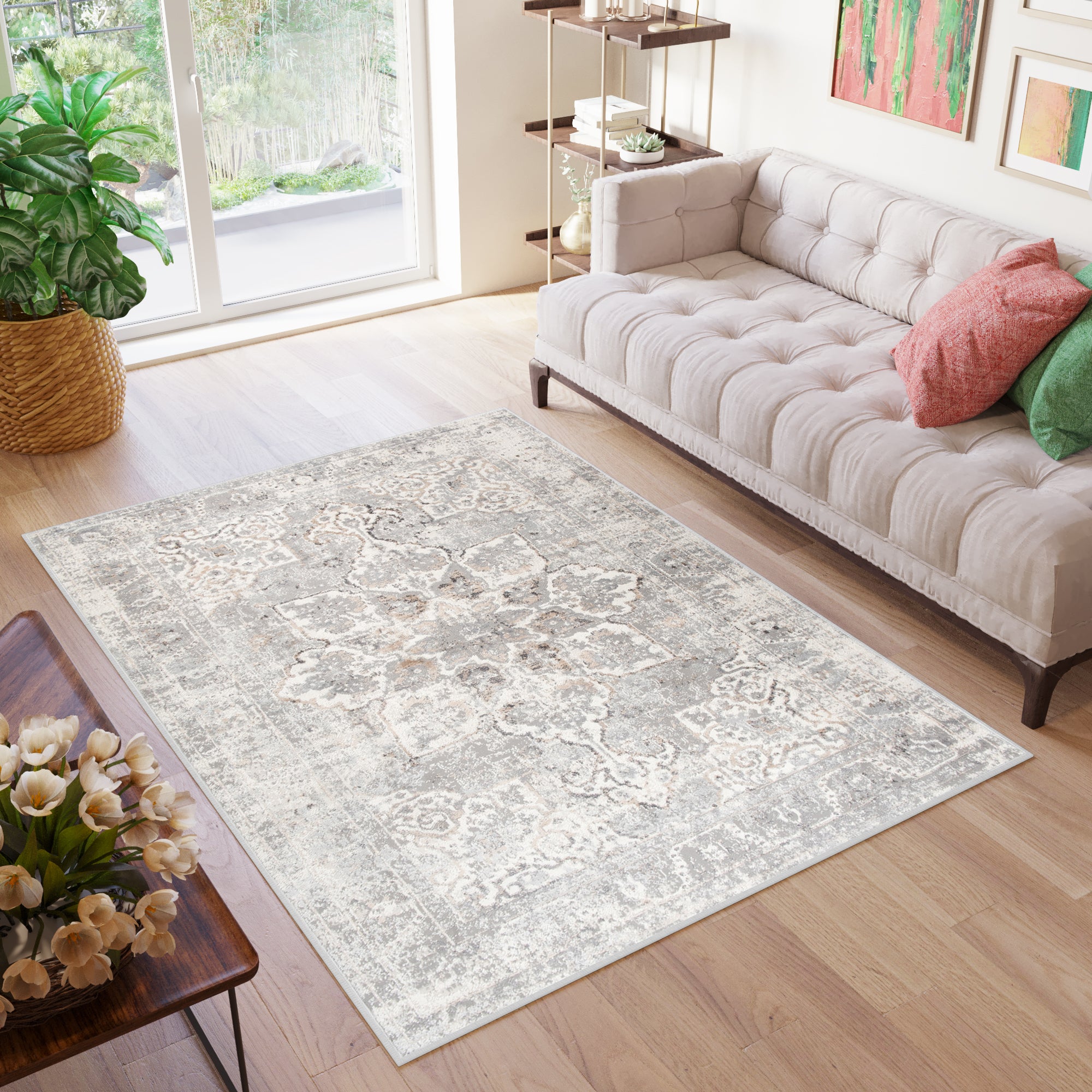 TAPISO Valley Tapis Salon Chambre Vintage Gris Clair Beige Doux 140x200