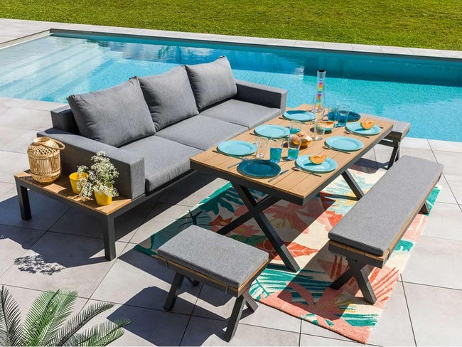 Salon détente/repas Guadeloupe 8 personnes en aluminium et teck