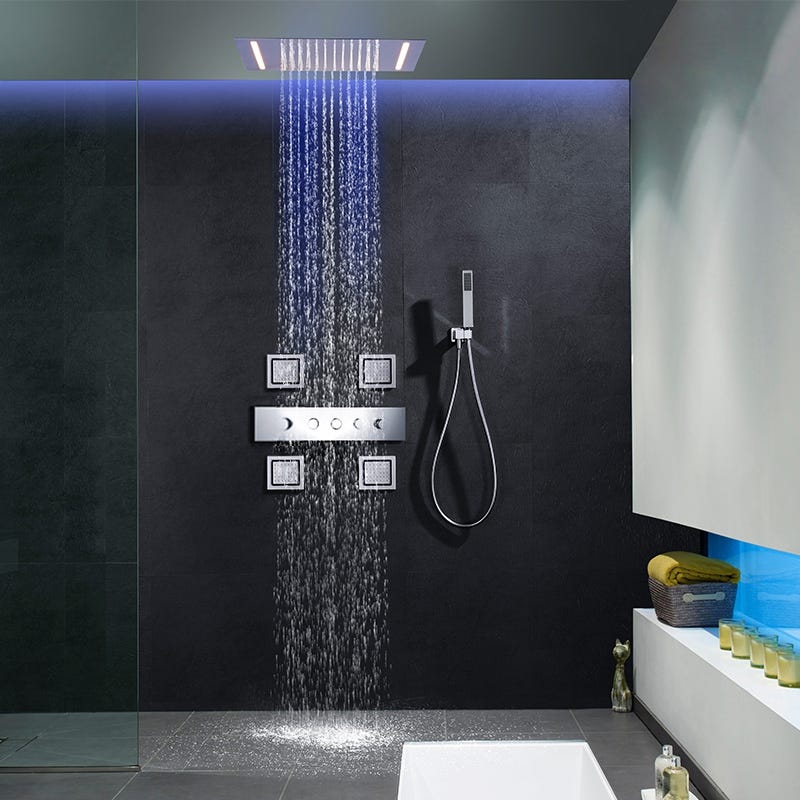  Fontana - Sistema de ducha termostática para montaje en techo  Macao FS6110SS, sistema de ducha empotrado con 6 chorros de masaje corporal  y sin luces LED alimentadas por agua, acabado cromado