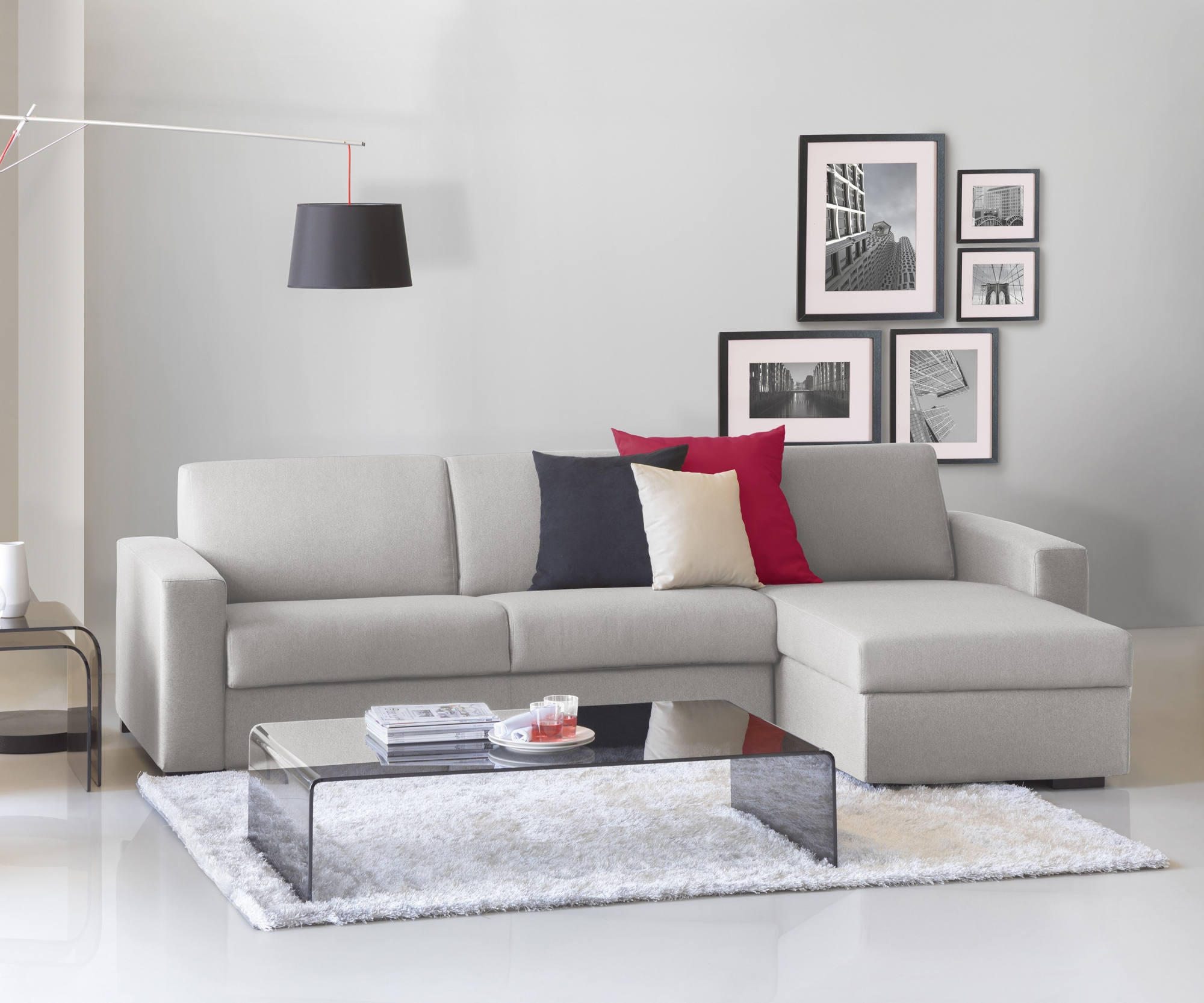Sofá fijo, sofá de esquina, 100% made in italy, sofá sala de estar, con contenedor reversible peninsula, en tela acolchada, con reposabrazos estándar