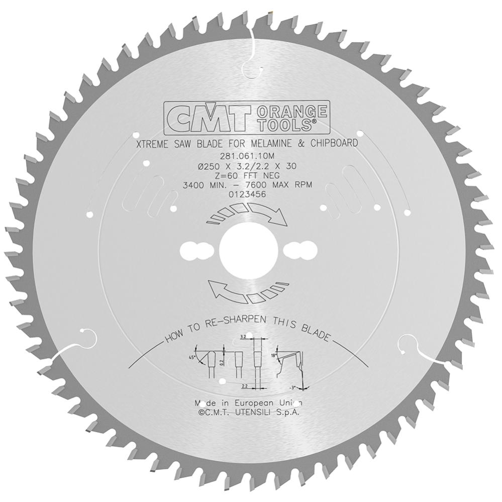 Sierra Ingletadora Sierra Circular CMT Orange Tools 285.660.10M - 250x3.2/2.2x30 Mm, 60 Dientes HW Cromados, Para Cortes Transversales Y A Favor De Veta Disco Para Tableros