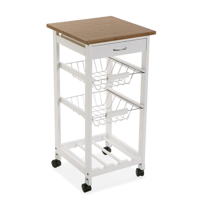 Carrello Da Cucina Porta Frutta In Faggio Con Mattonelle In Ceramica E Portabottiglie, Made In Italy, 84x59x39 Cm