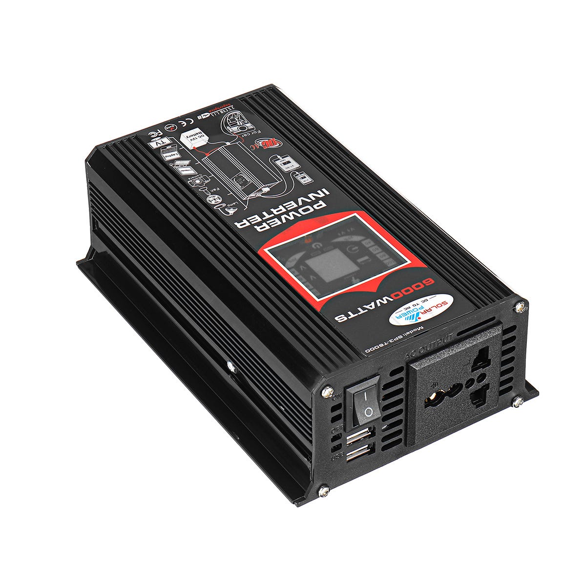 6000W Inverter a onda sinusoidale modificata Convertitore di tensione 12V- 220V LCD USB nero
