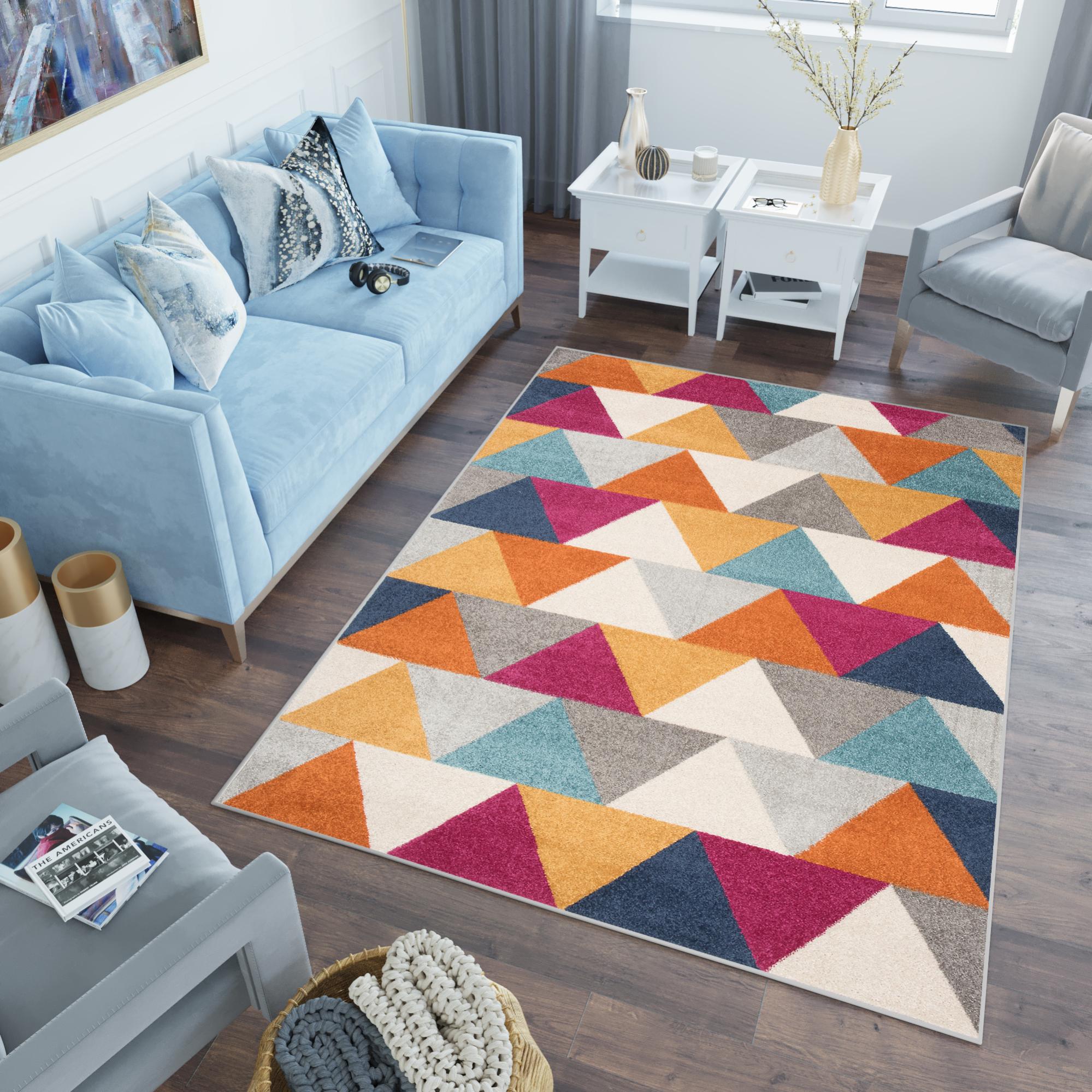 TAPISO Lazur Tapis Salon Moderne Turquoise Gris Crème Orange Triangles ...