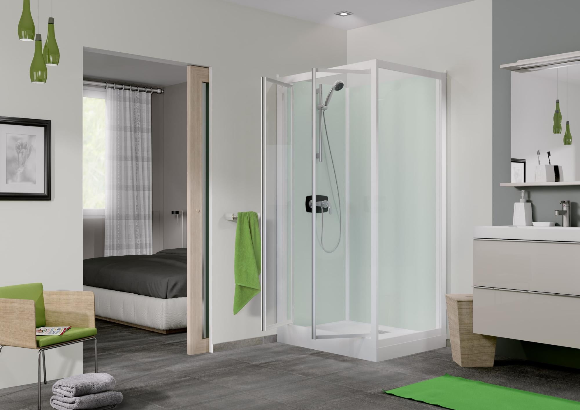 Cabine de douche complète KINEPRIME Glass 2 porte pivotante receveur 70x70 hauteur 9cm pose en