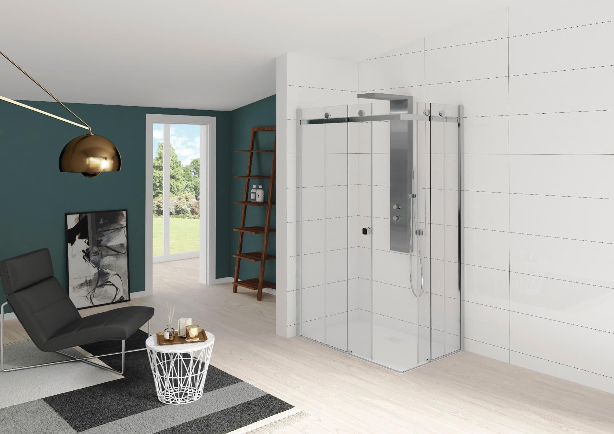 Paroi de douche d'angle 2 portes coulissantes et 1 retour d'angle fixe