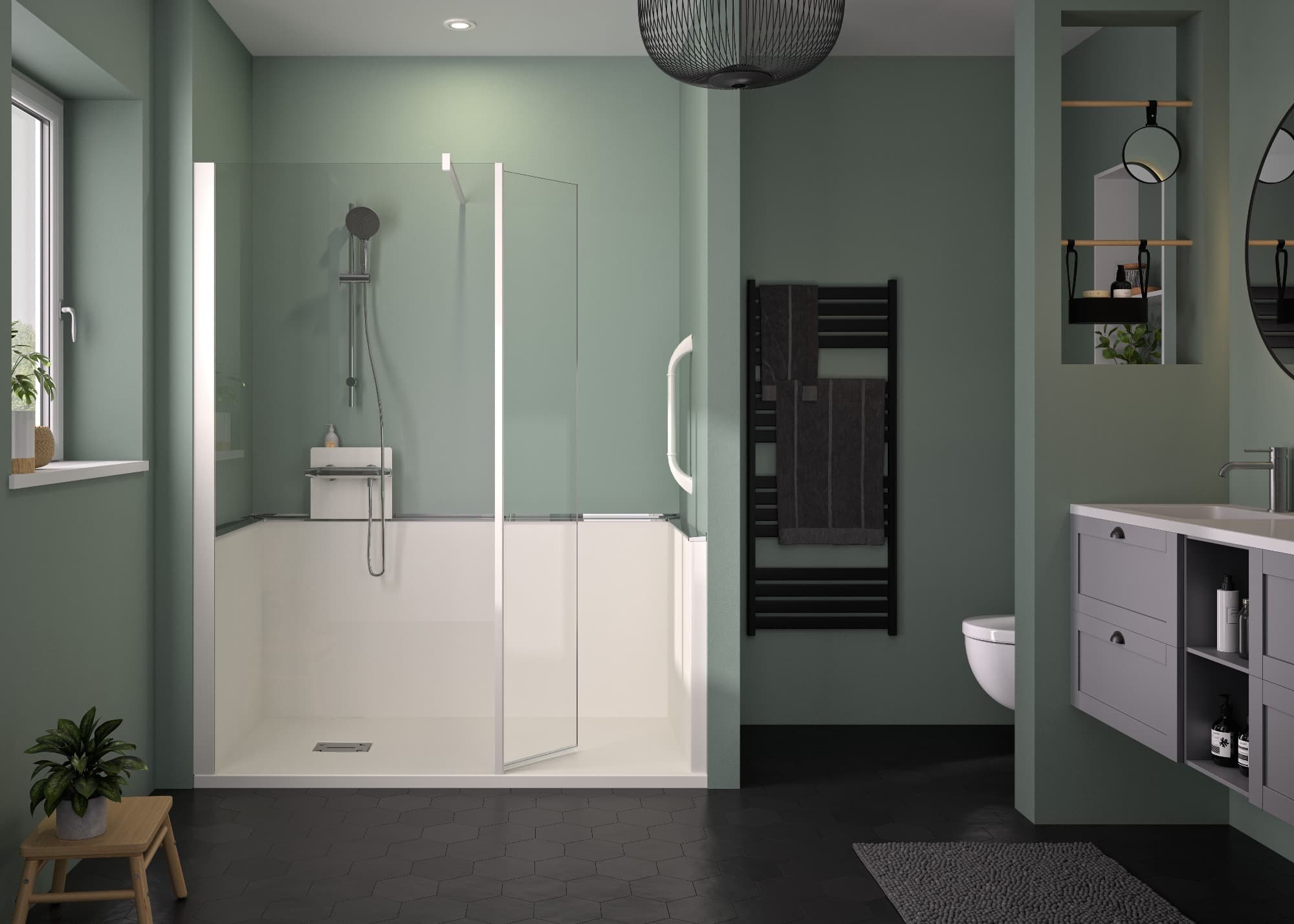 Cabine de douche en niche complète sécurisée KINEMAGIC Access 140x70 porte coulissante verre