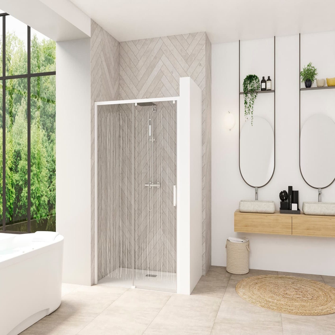 Porte de douche coulissante SMART Design sans seuil normes PMR largeur  1,30m hauteur 2,05m profilé blanc verre sérigraphié bandes verticales  gauche