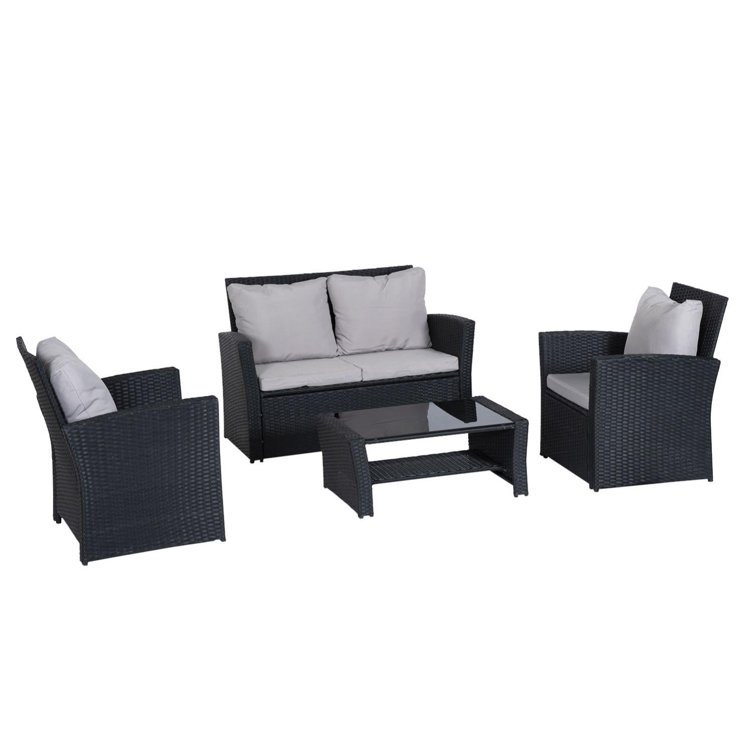 Set Di Mobili Giardino Lipari Happy Garden - Divano, Poltrona E Tavolino In Resina Intrecciata Nera Con Cuscini Grigi