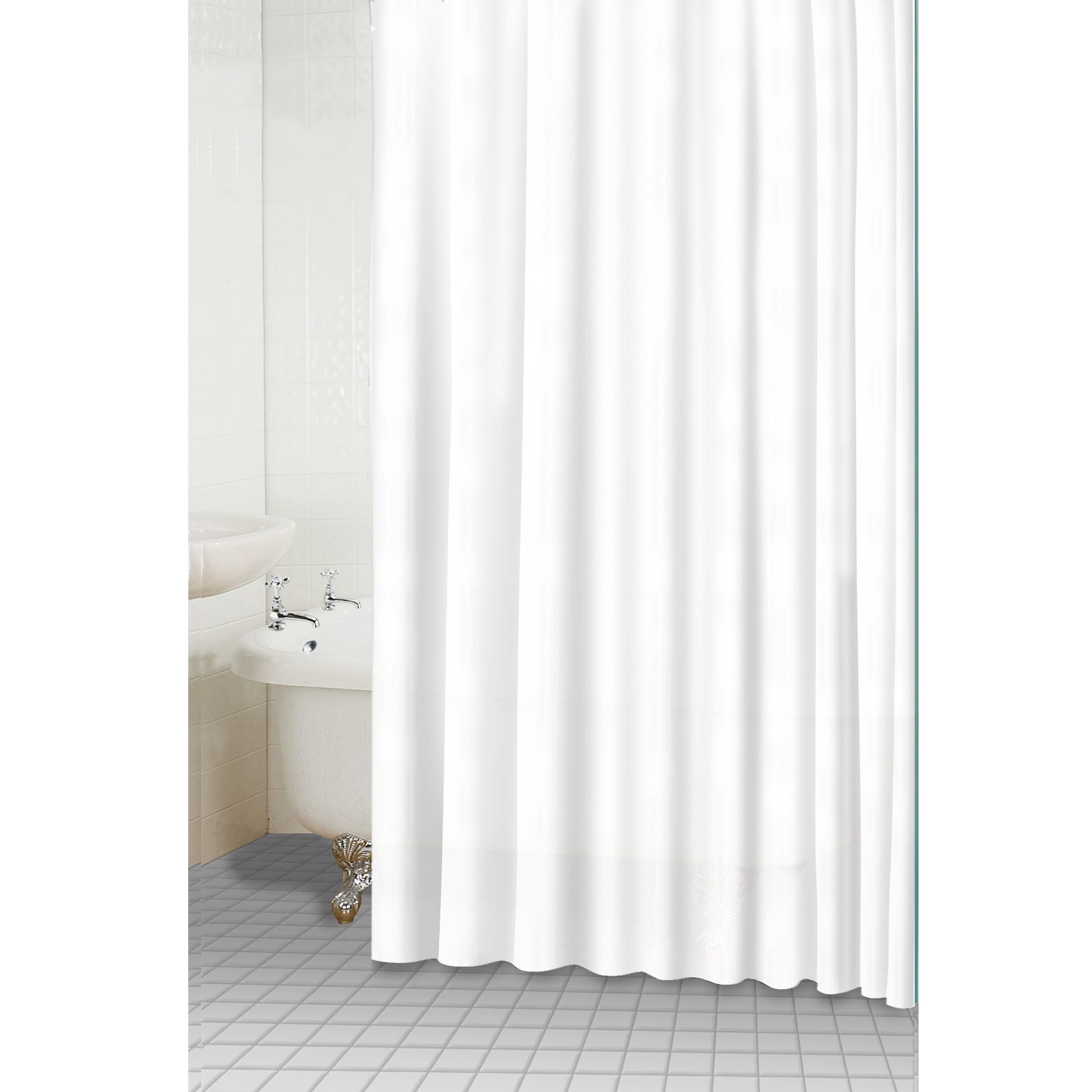 Rideau de douche 180 x 200 cm textile lesté blanc fourni avec 12 crochets