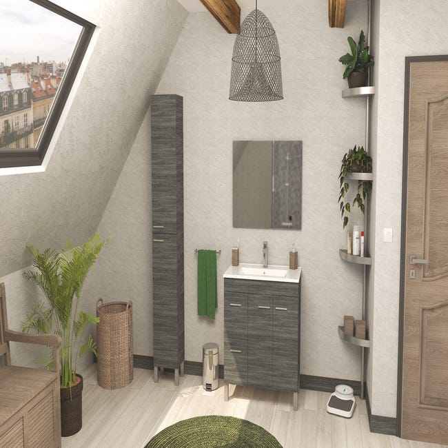 Mueble de baño + espejo AKTIVA color blanco brillo / gris ceniza de 80x45x  80 cm (LAVABO NO INCLUIDO) - Kiona Decoración