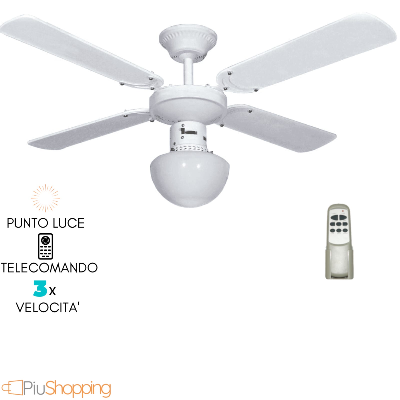 Ventilatore da Soffitto con Telecomando e Luce, 3 Velcotà, Bianco 105 cm