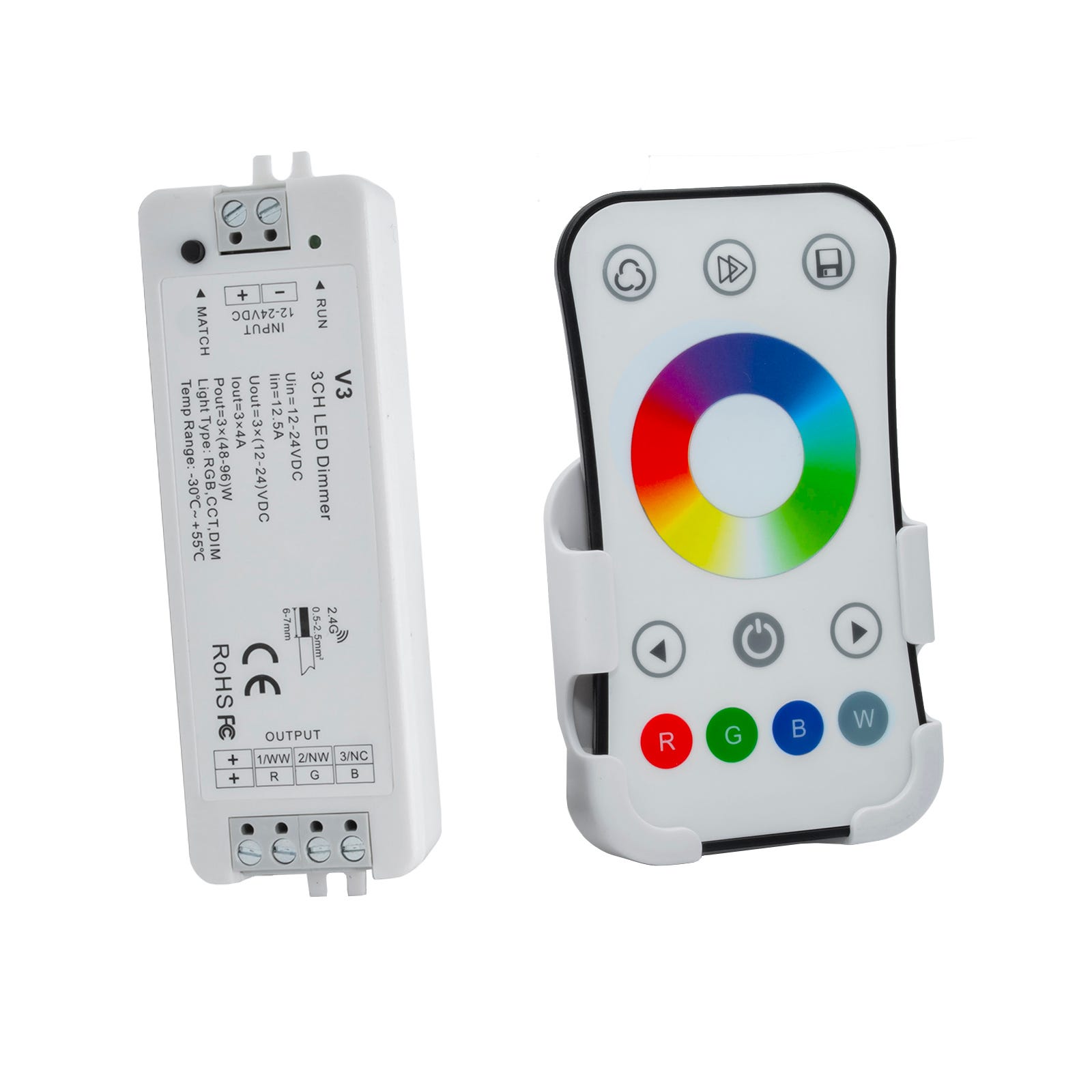 Centralina controller RGB multicolore RF 2.4Ghz 12.5A 3CH dimmer 12/24V dc  288W strisce luci LED con telecomando