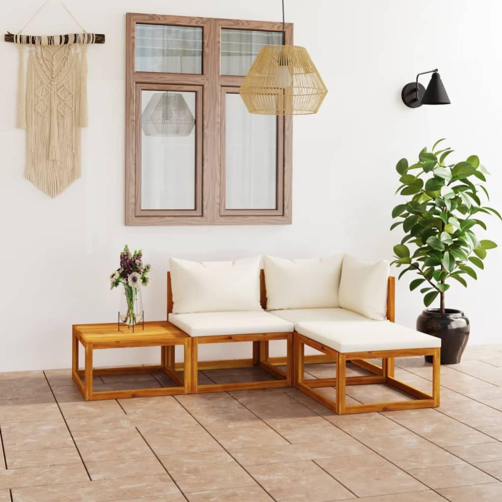 VidaXL Set Divani Da Giardino 3 Pezzi In Legno Di Acacia Con Cuscini Crema – Tavolino, Angolo E Centrale – Lounge Modulare - 3
