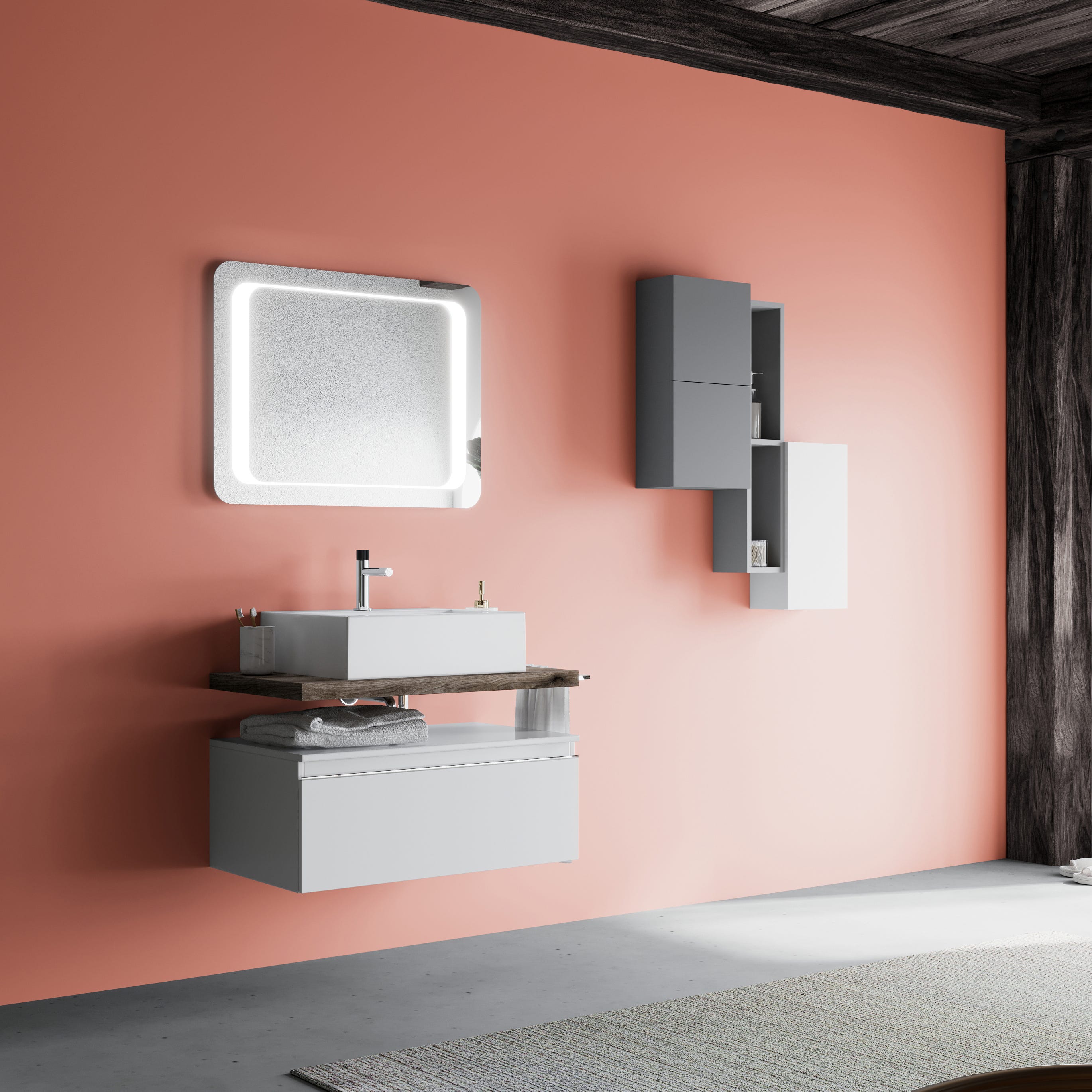 MOBILE BAGNO SOSPESO 80CM CASSETTO BIANCO, TOP ROVERE FOSSILE, LAVABO, LAGOS