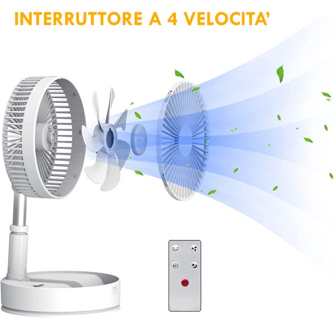 Ventilateur télescopique pliable sans fil, tournant à 4 vitesses, batterie  rechargeable USB avec télécommande