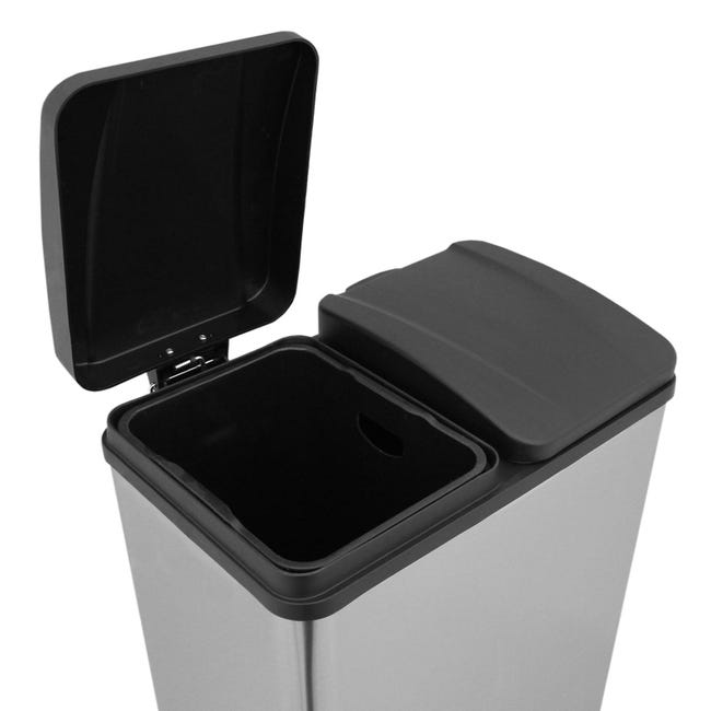 Arlopu Cubo de basura doble de 16 galones, de acero inoxidable de 60 L (2 x  30 L), cubo de basura clasificado de reciclaje con cubos interiores