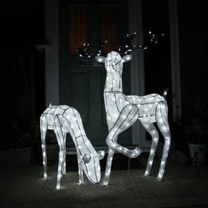 Figurine décorative de Noël avec 2 rennes argentés avec lumières
