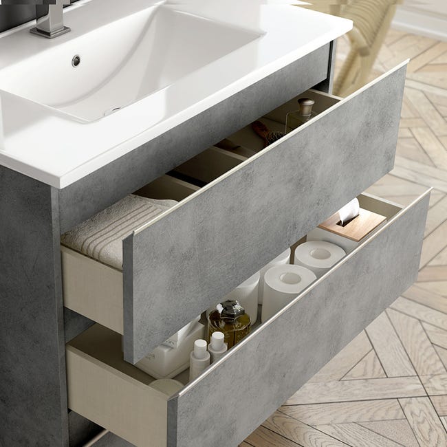 Meuble vasque salle de bain sur pied d'angle gris