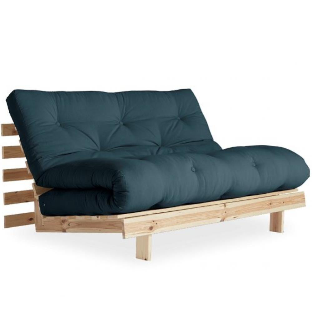 Canapé convertible futon ROOTS pin naturel coloris bleu pétrole