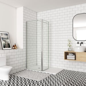 Paroi de douche à l'italienne avec retour pivotant, profilé aspect chromé à  clipser, paroi fixe Walk In style industriel, NewStyle, Schulte, 90 x 30 x  190 cm, verre 5 mm transparent anticalcaire