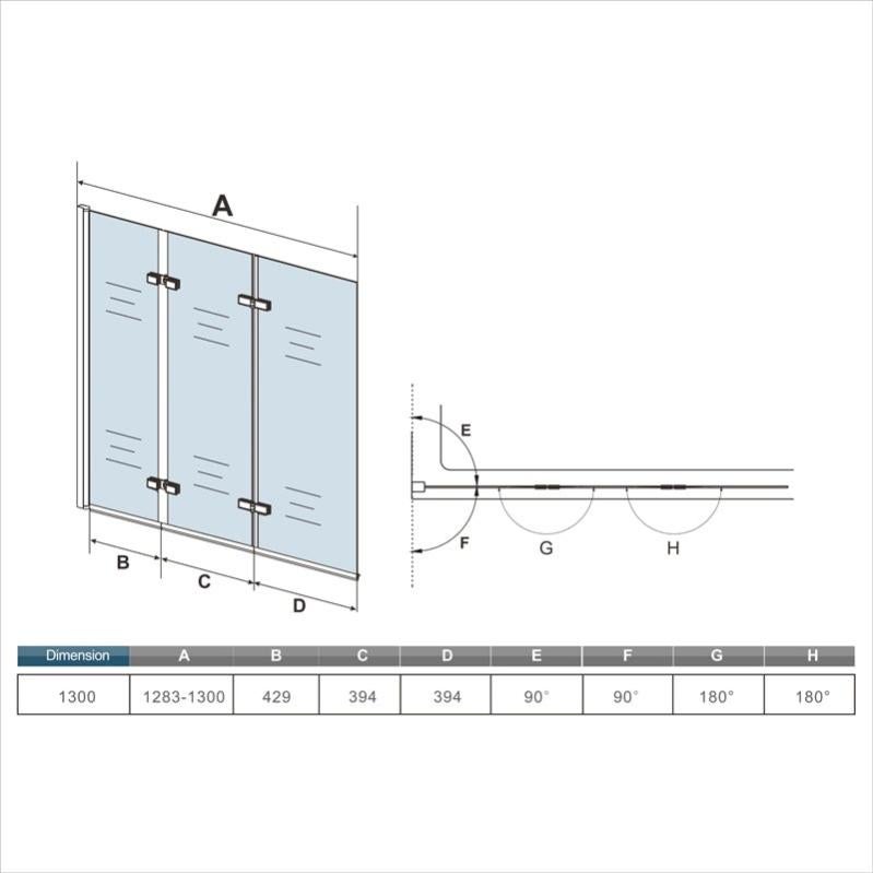 Pare-baignoire pivotant et pliant 130x140cm en verre anticalcaire écran baignoire avec 3 volets Océan - 5