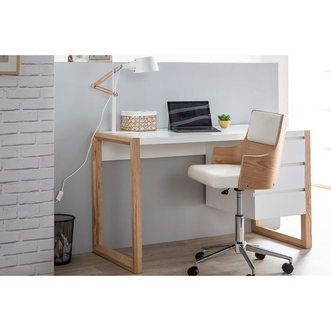 Chaise de bureau à roulettes design , bois clair et acier chromé