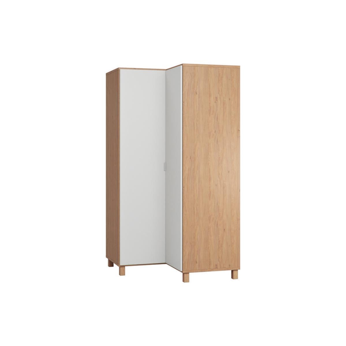 Armoire d'angle avec penderie et étagères finition bois et blanc mat L