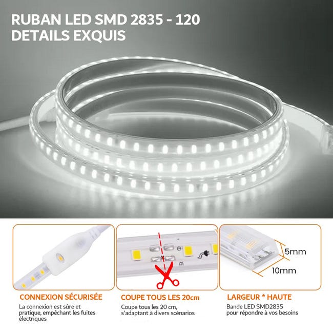 RUBAN LED CHANTIER IP67 230V 15W/M 50M Bandeau Leds sécable 2835 silicone  Étanche Blanc Froid 6000K - Digilamp