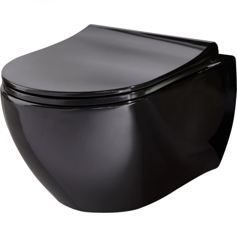 Cuvette suspendue sans bride noire brillante avec abattant fin KNIDOS