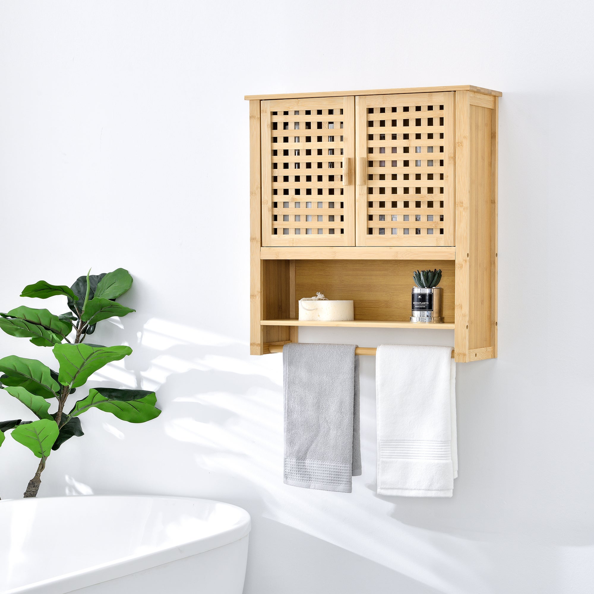 Mueble de pared para baño borlänge puertas enrejadas bambú 66 x 62 x 20 cm natural [en.casa]