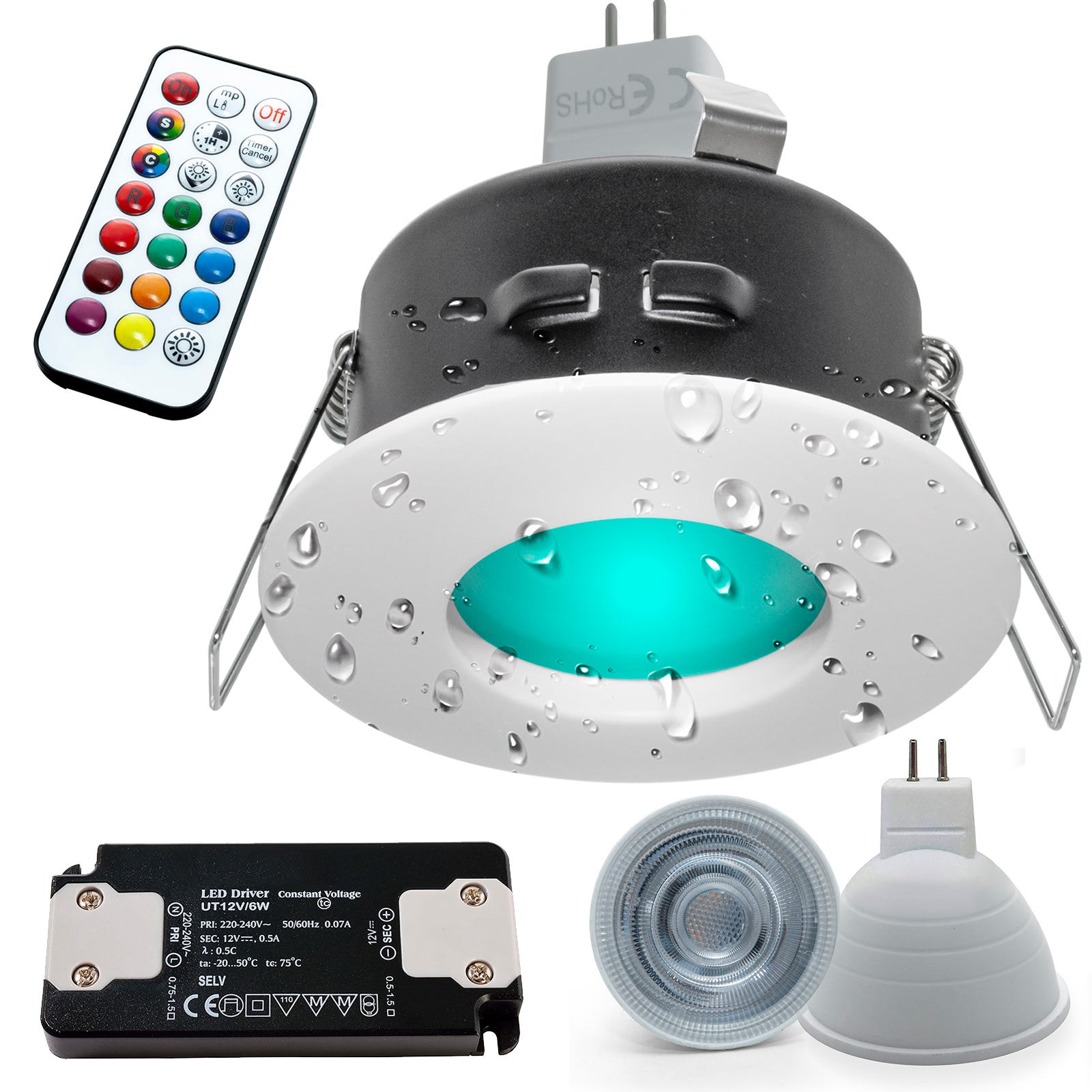 Spot encastré LED 6W 12V Chromothérapie IP65 lampe de bain douche GU5.3  RGBW RGB 3000K télécommande IR BLANC