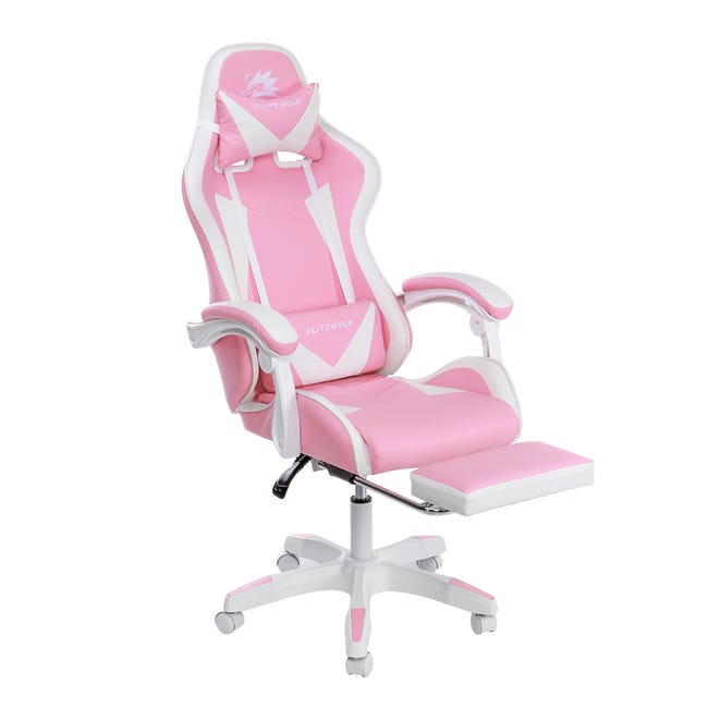 Chaise gaming Chaise de Bureau hauteur réglable BW-GC1 PVC avec support  repose-pieds rose + blanc